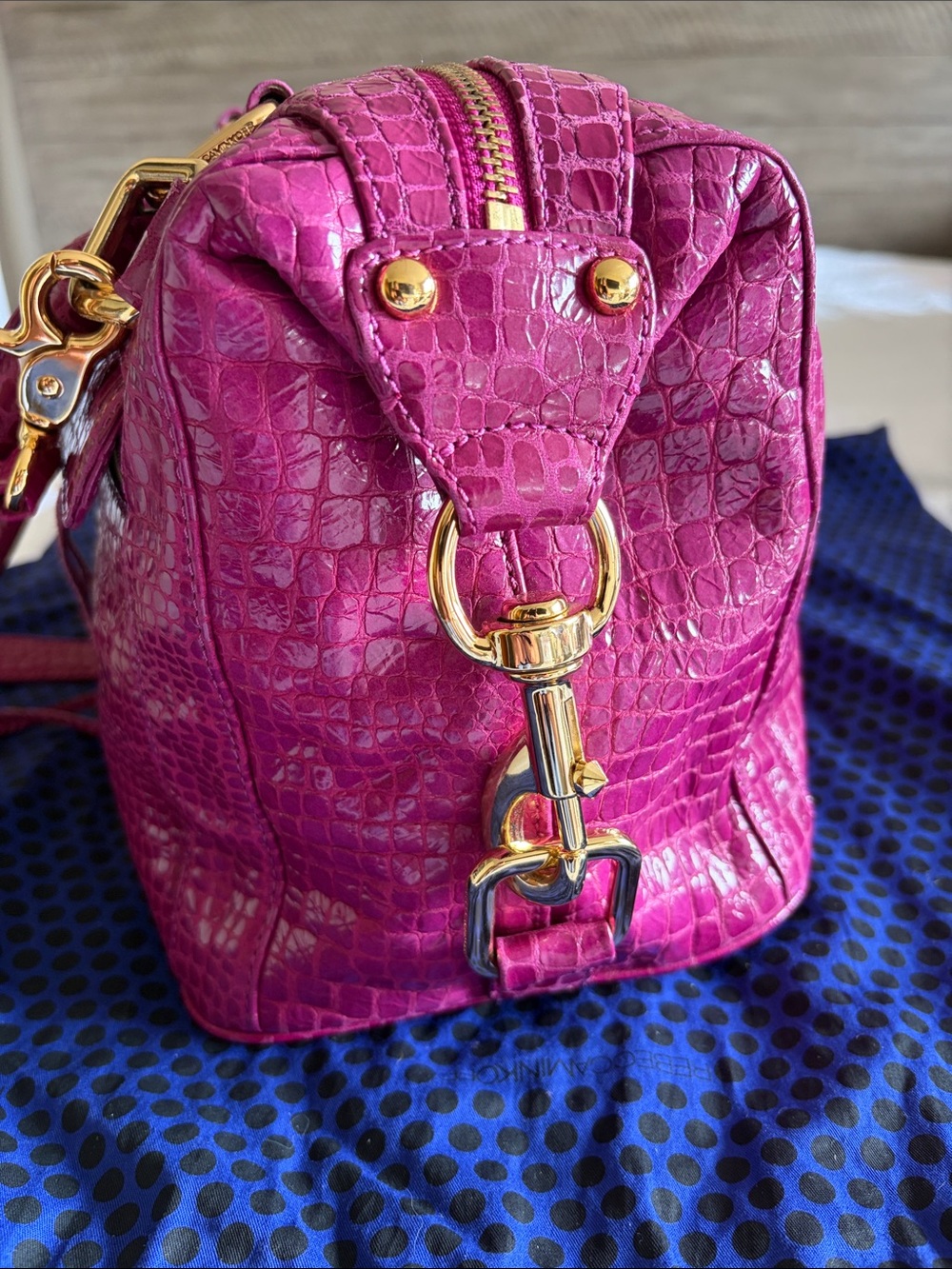 Rebecca Minkoff MAB Croc-Embossed Fuchsia Satchel Handbag - Picture 4 of 9